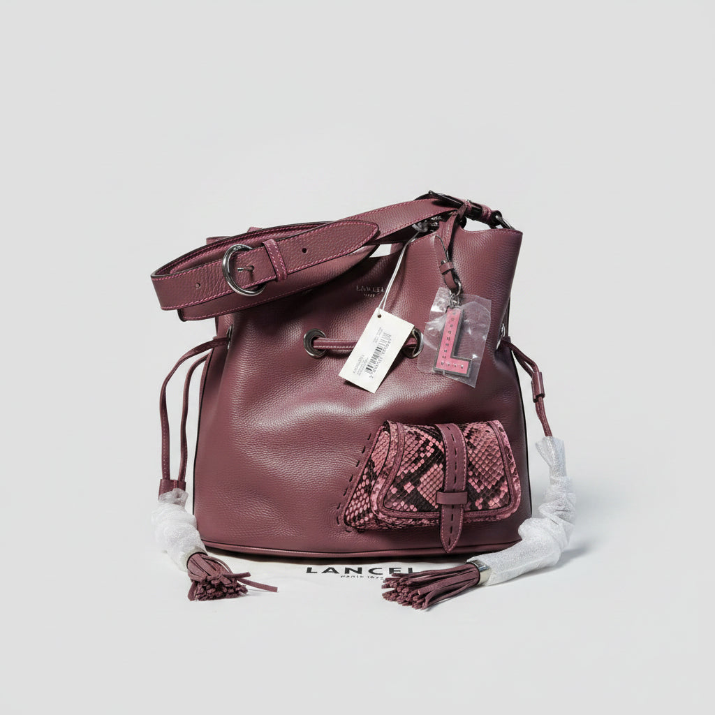 Sac seau Lancel Premier Flirt en cuir grainé façon python – Prune
